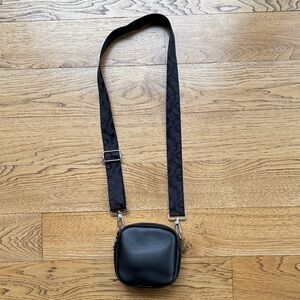 Marimekko Black Leather Crossbody Bag Camera Bag Unikko Nylon Strap